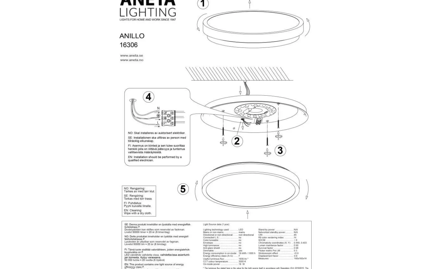 Plafonder-Aneta Anillo Plafond 40cm LED 18W 3000K Vit