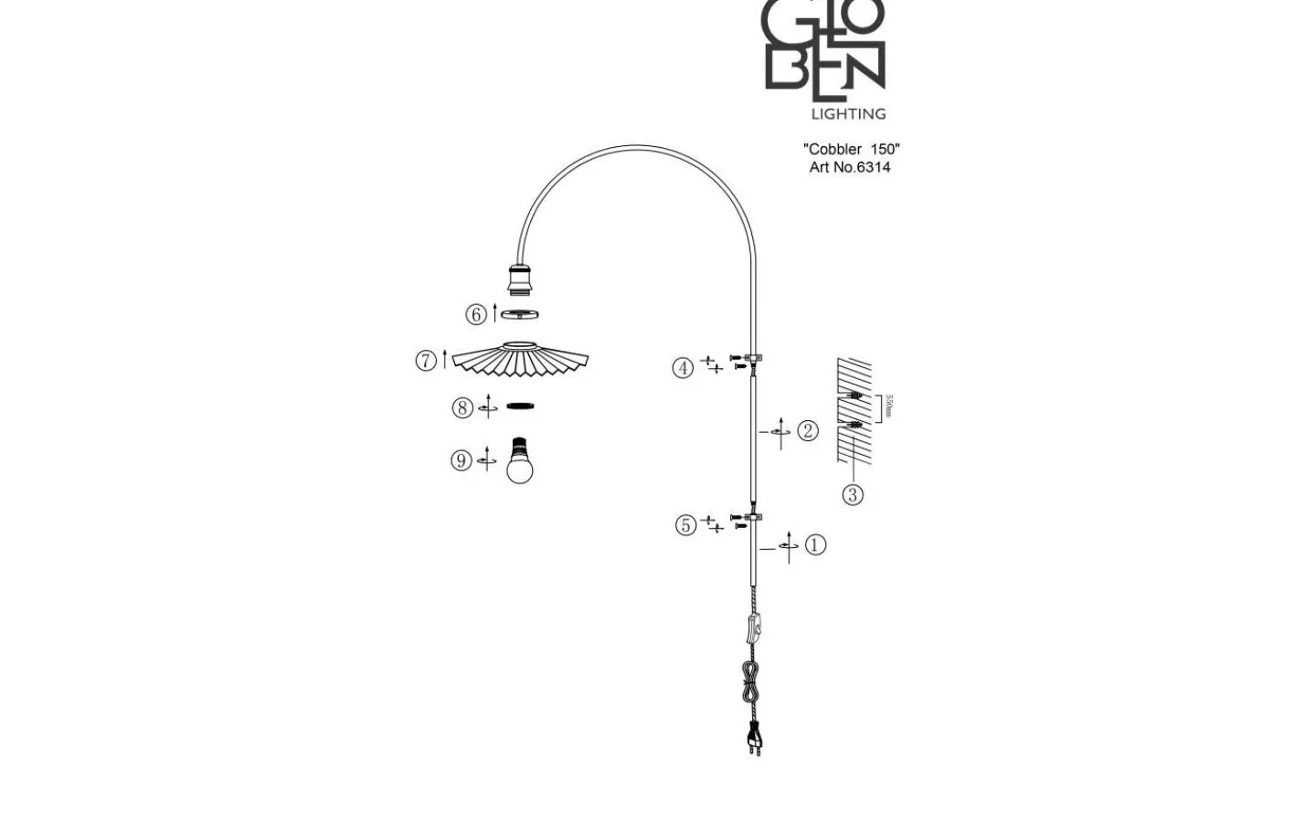 Lampetter-Globen Lighting Cobbler Vägglampa 150cm Klar