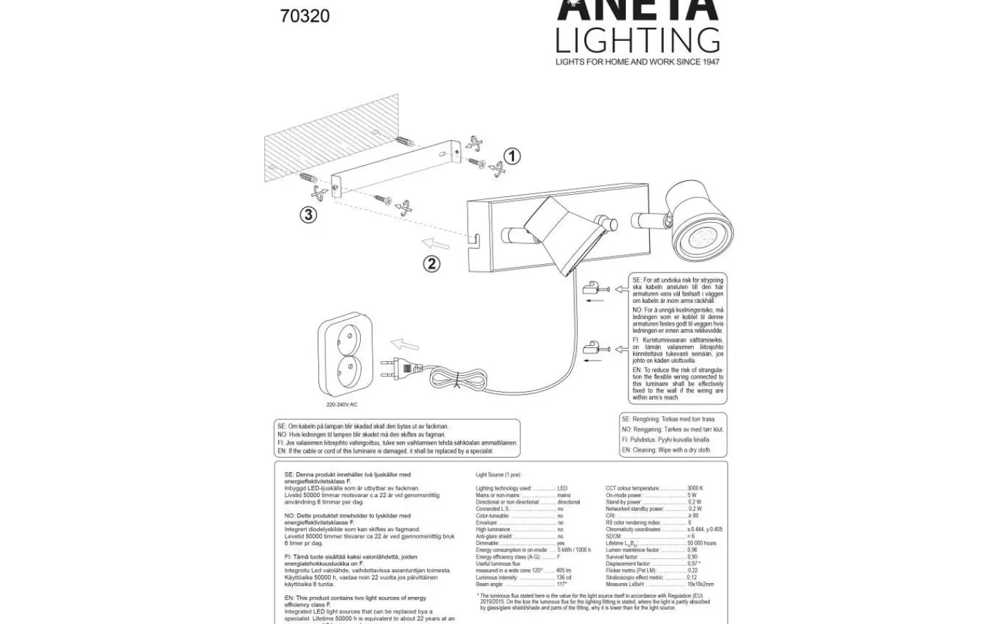 Läslampor-Aneta Pluto Vägglampa Dubbel LED 2x5W 3000K Svart