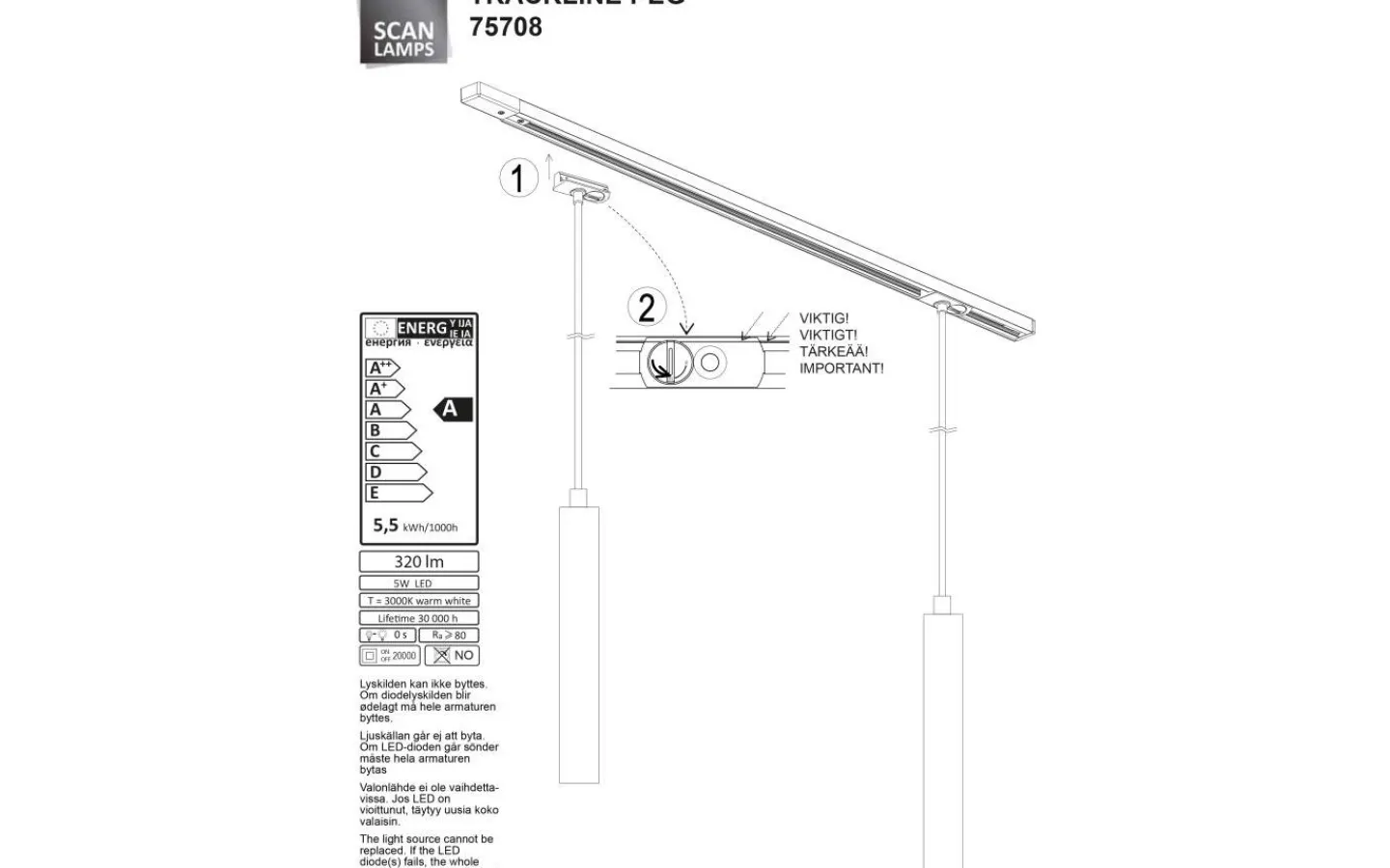 Skensystem < Aneta Trackline Peg Pendel 4cm LED 5W 3000K Svart